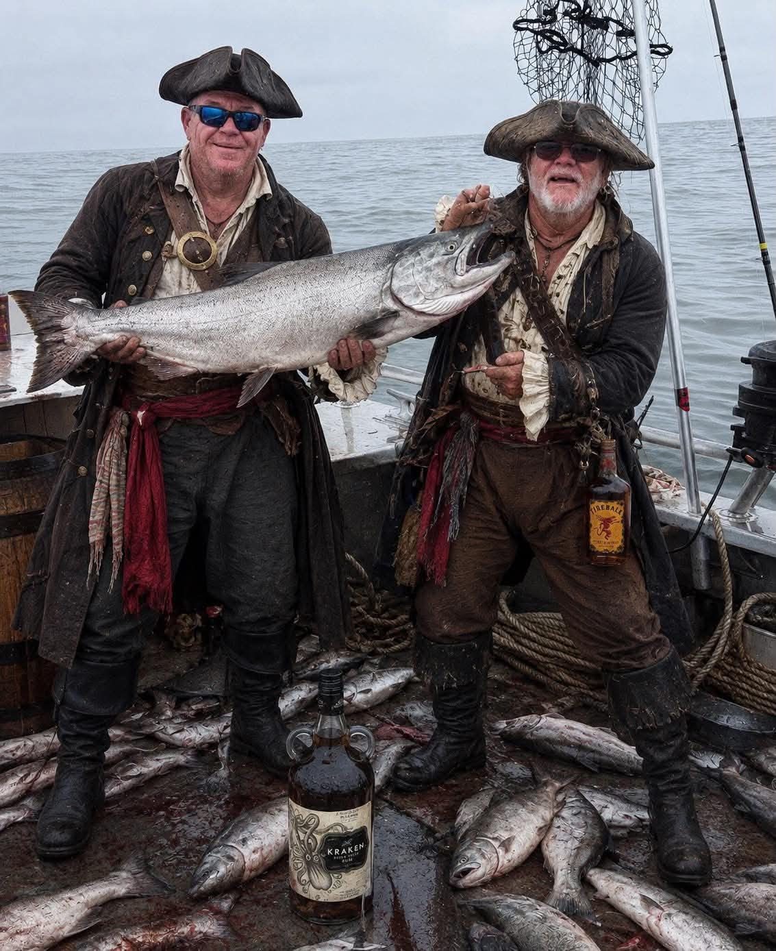 Merle Clayton and his partner in pirate costume with a king salmon and a deck full of fish